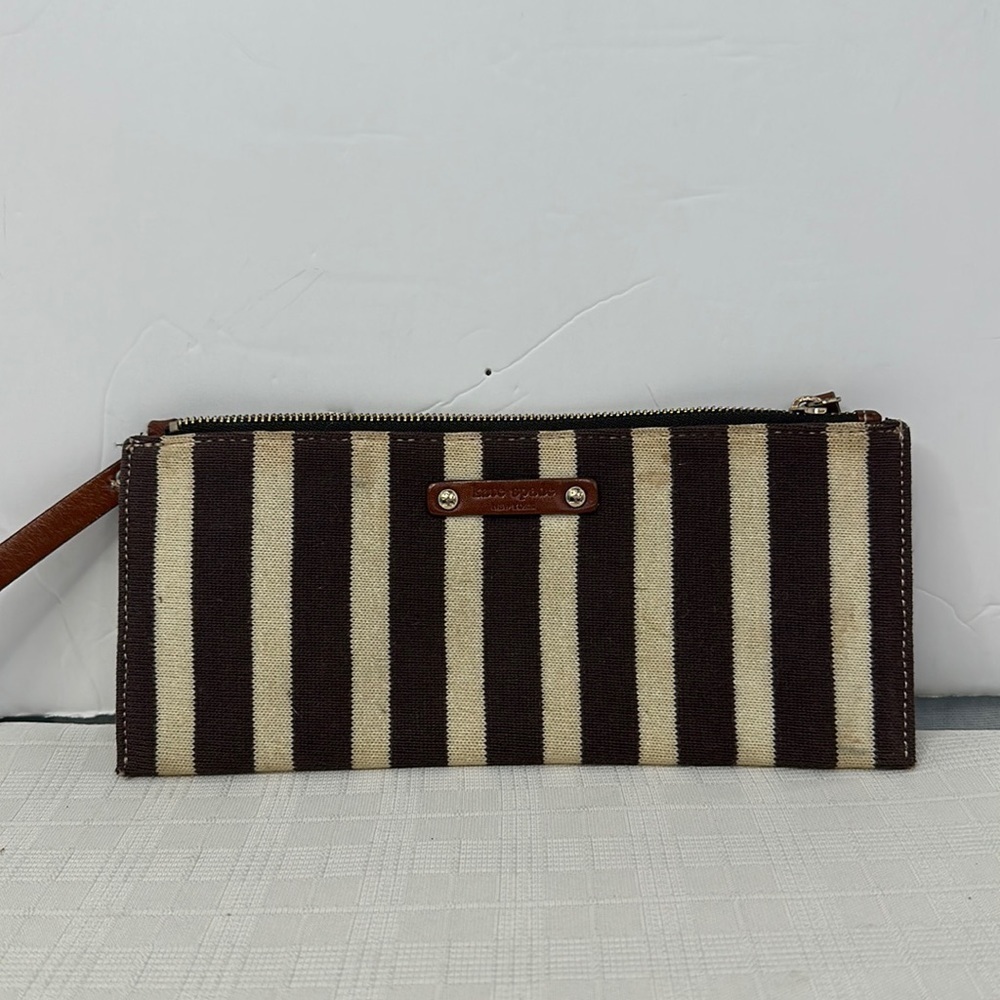 Kate spade striped canvas and leather wristlet